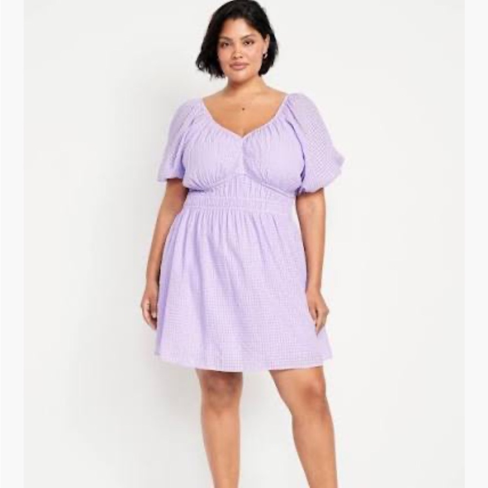 Old Navy Waist-Defined Seersucker Mini Dress Puff Sleeve 3X Cottagecore Lavender
